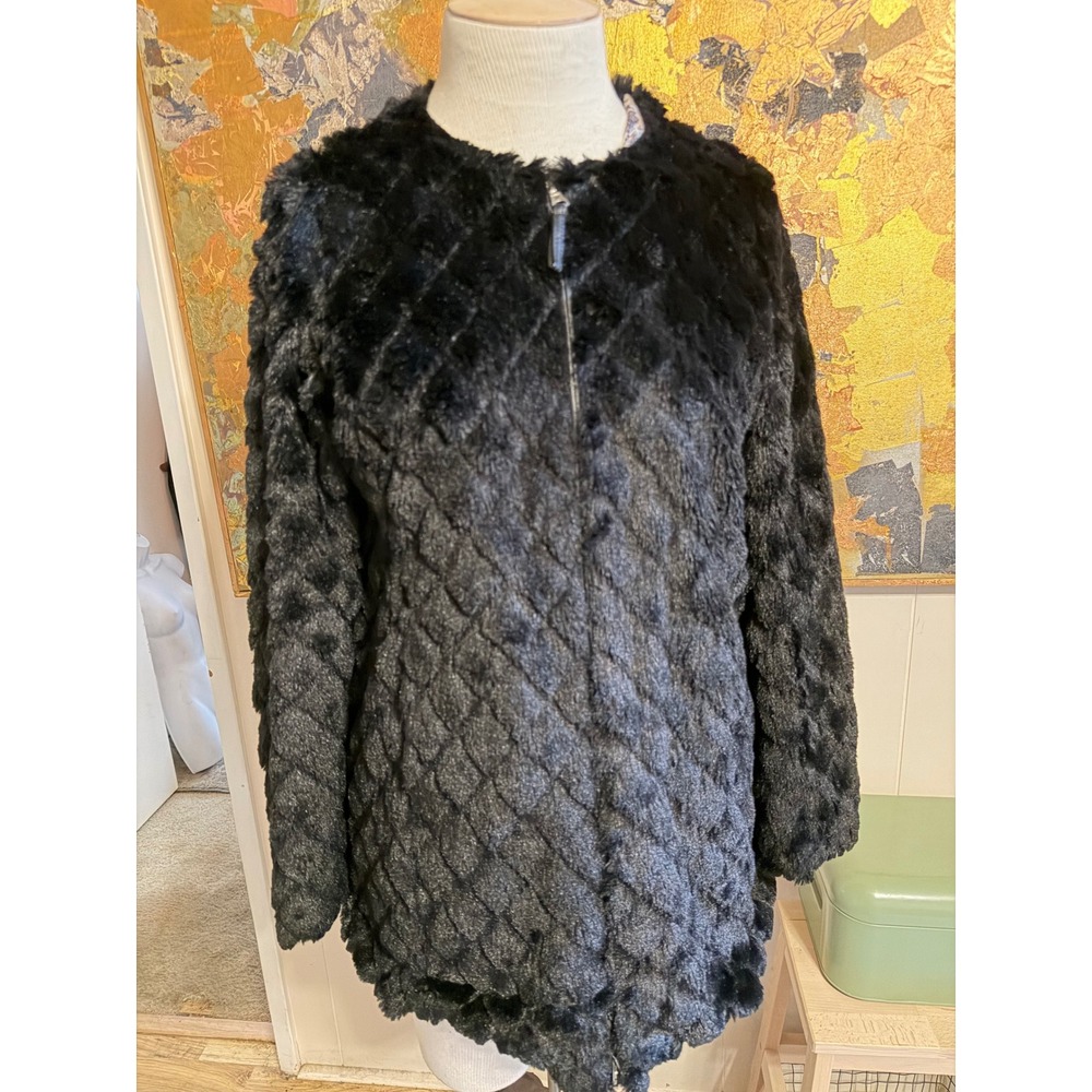 Me Jane Black Faux Fur Quilted Diamond Zip Up Jacket Paisley Lining Womens L
